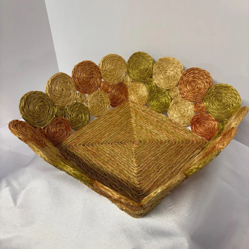 Vintage Raffia‎ Square Tri-Color Storage Basket Woven Orange Green Brown
